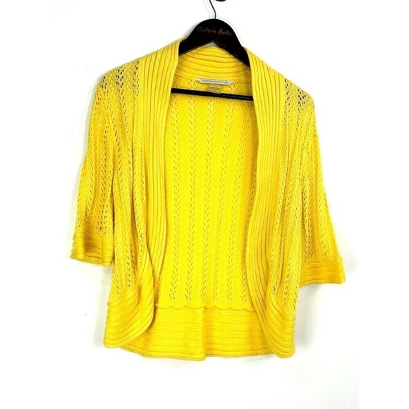 Peter Nygard Women Sz L Yellow Open Front Cropped Sweater Cardigan Open Knit U1 - Picture 2 of 10